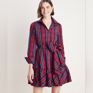 NWT Vineyard Vines Taffeta Tie-Waist Shirtdress Size 6 In Balsam Plaid